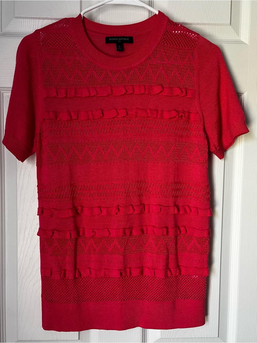 Banana Republic Bright Pink Pointelle Ruffle Short-Sleeve Top